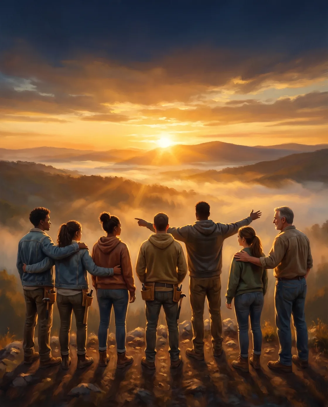 A group of young people and two older mentors stand on a ridge looking out over a misty valley at sunrise