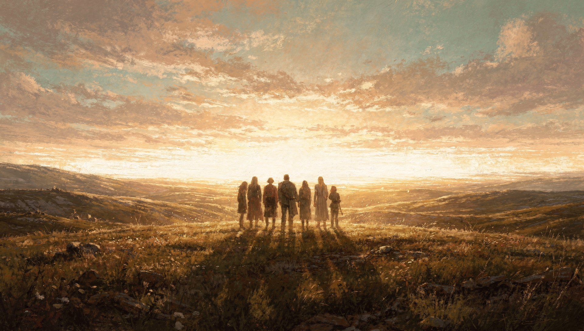 A group of people stands together on a golden field at dawn
