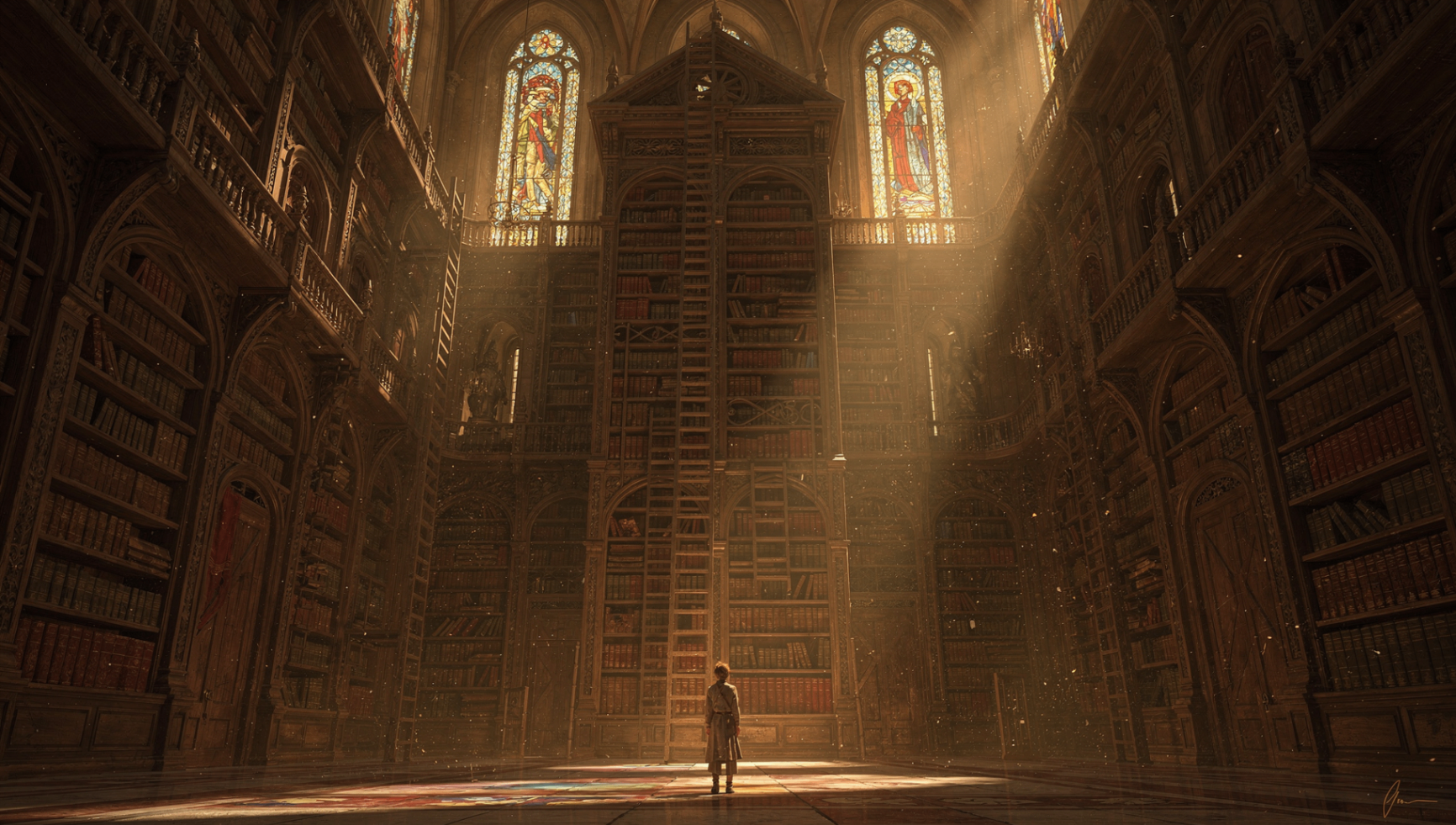 A young figure standing in a vast cathedral library, dwarfed by towering shelves of books lit by stained-glass sunlight.